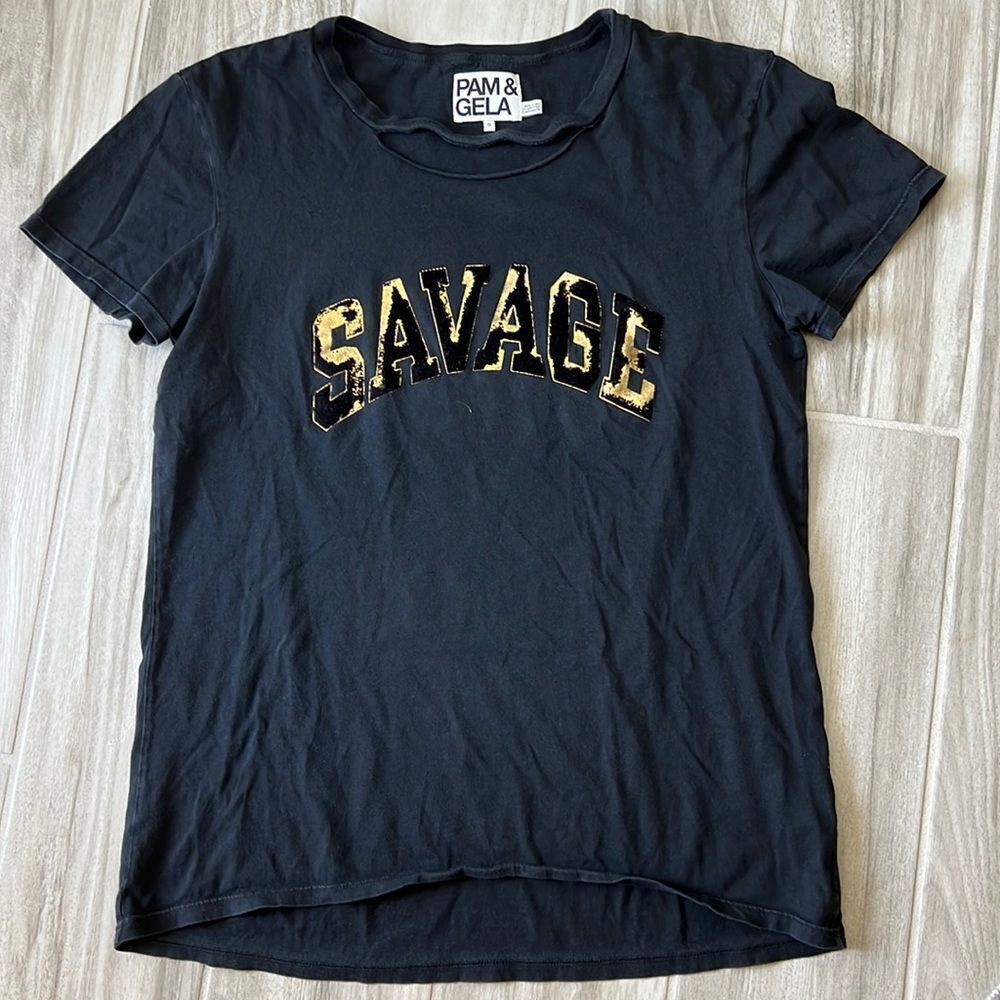 Pam & Gela Black Gold Graphic T-Shirt Savage Short Sleeve Small